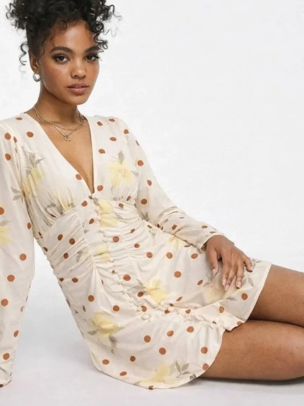 Free People Date Night Polka Dot Floral Ruched Mini Dress‎ yellow flower button